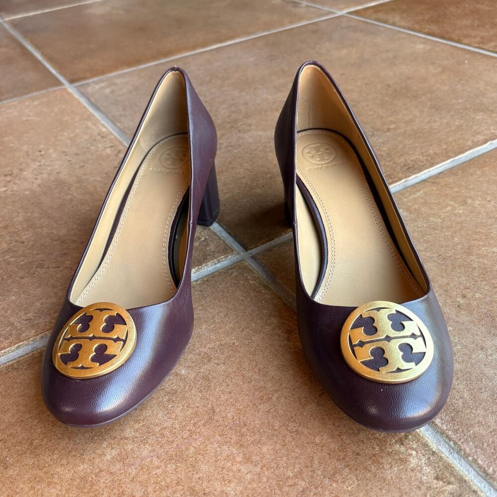Tory Burch Benton Burgundy Block Heel Pumps Classic Polished Office Event size 8 - Picture 13 of 15